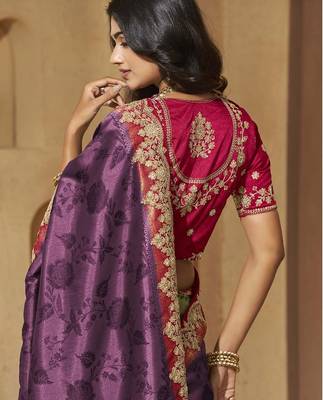 Purple color sequence and cord work jecquard saree with designer blouse fabric 3