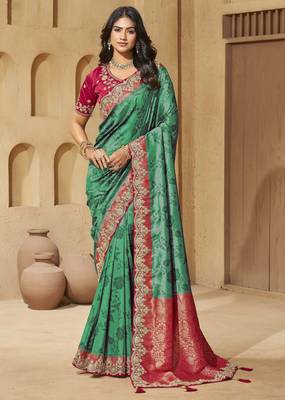 Rama color sequence and cord work jecquard saree with designer blouse fabric 1