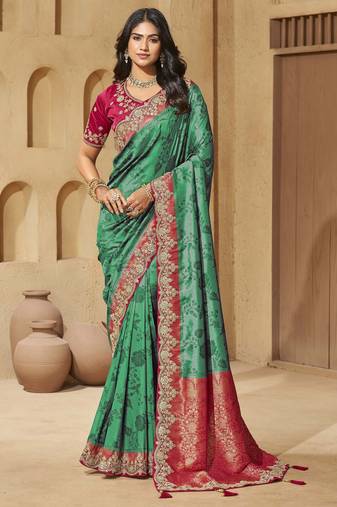 Rama color sequence and cord work jecquard saree with designer blouse fabric