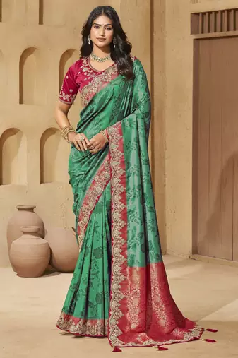 Rama color sequence and cord work jecquard saree with designer blouse fabric