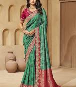 Rama color sequence and cord work jecquard saree with designer blouse fabric