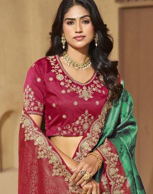 Rama color sequence and cord work jecquard saree with designer blouse fabric 2