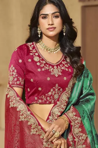 Rama color sequence and cord work jecquard saree with designer blouse fabric