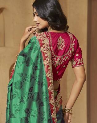 Rama color sequence and cord work jecquard saree with designer blouse fabric 3