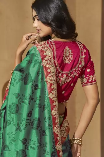 Rama color sequence and cord work jecquard saree with designer blouse fabric