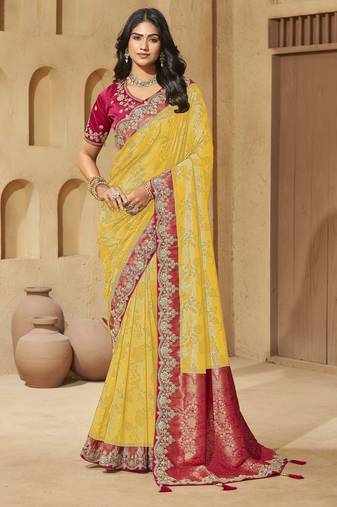 Yellow color sequence and cord work jecquard saree with designer blouse fabric