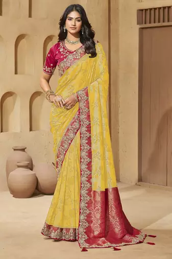Yellow color sequence and cord work jecquard saree with designer blouse fabric