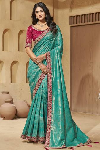 Rama color mirror and cord work jecquard saree with designer blouse fabric