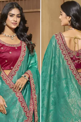 Rama color mirror and cord work jecquard saree with designer blouse fabric