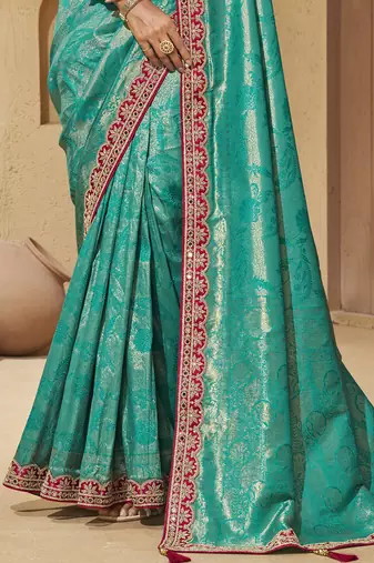 Rama color mirror and cord work jecquard saree with designer blouse fabric