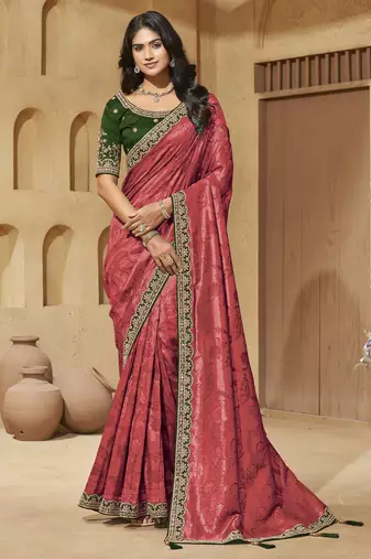 Peach color mirror and cord work jecquard saree with designer blouse fabric