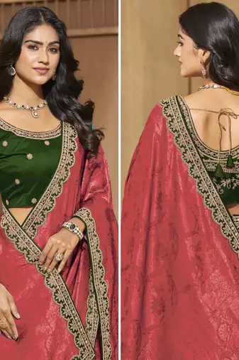 Peach color mirror and cord work jecquard saree with designer blouse fabric