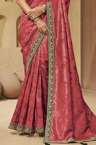 Peach color mirror and cord work jecquard saree with designer blouse fabric