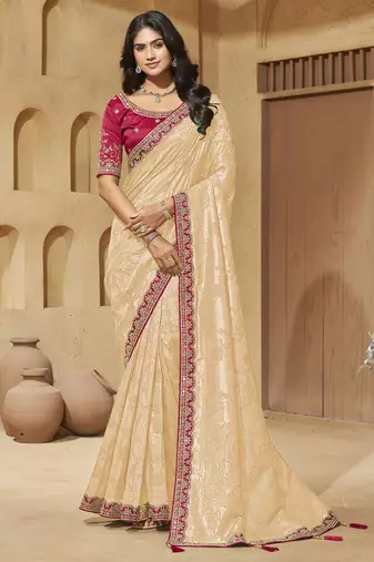 Cream color mirror and cord work jecquard saree with designer blouse fabric