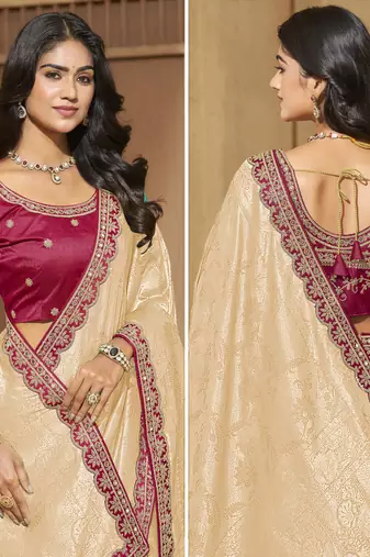 Cream color mirror and cord work jecquard saree with designer blouse fabric