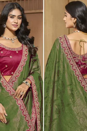 Green color mirror and cord work jecquard saree with designer blouse fabric