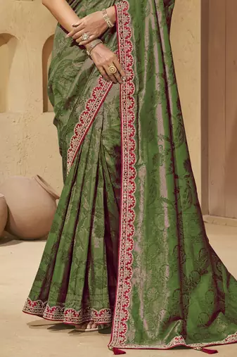 Green color mirror and cord work jecquard saree with designer blouse fabric