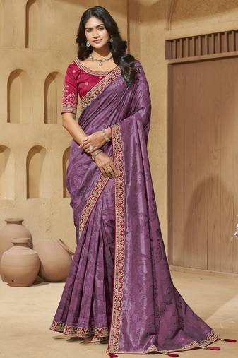 Purple color mirror and cord work jecquard saree with designer blouse fabric