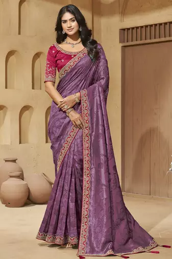 Purple color mirror and cord work jecquard saree with designer blouse fabric