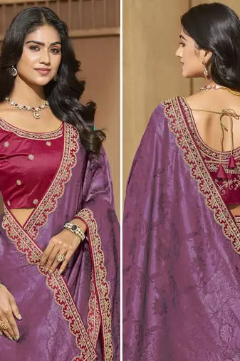 Purple color mirror and cord work jecquard saree with designer blouse fabric