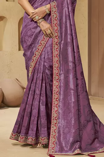 Purple color mirror and cord work jecquard saree with designer blouse fabric