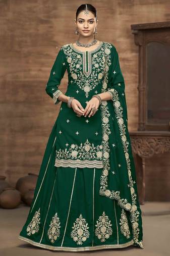 Green vichitra silk heavy thread embroidery with sequins work top with dupatta