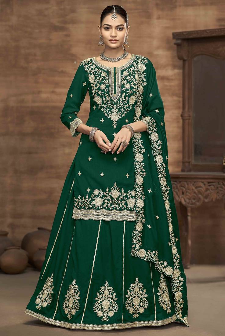 Green vichitra silk heavy thread embroidery with sequins work top with dupatta