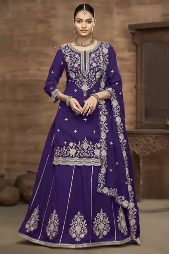 Violet vichitra silk heavy thread embroidery with sequins work top with dupatta