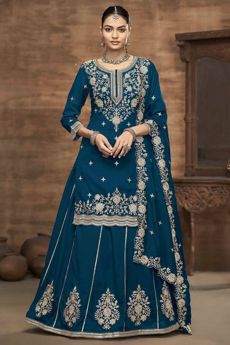 Blue vichitra silk heavy thread embroidery sequins work top with dupatta