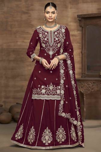 Maroon vichitra silk heavy thread embroidery sequins work top with dupatta