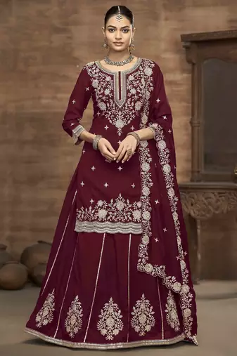 Maroon vichitra silk heavy thread embroidery sequins work top with dupatta