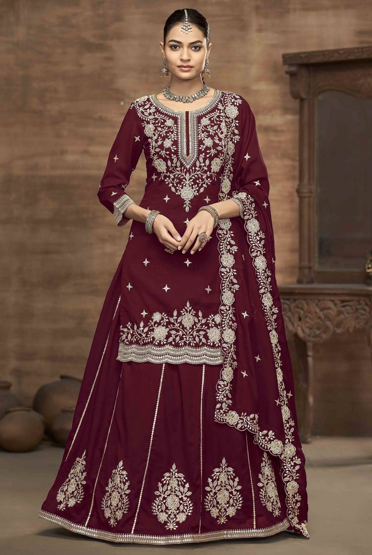 Maroon vichitra silk heavy thread embroidery sequins work top with dupatta