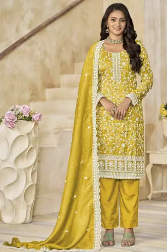 Mustard organza crush heavy thread embroidery with sequins work salwar kameez