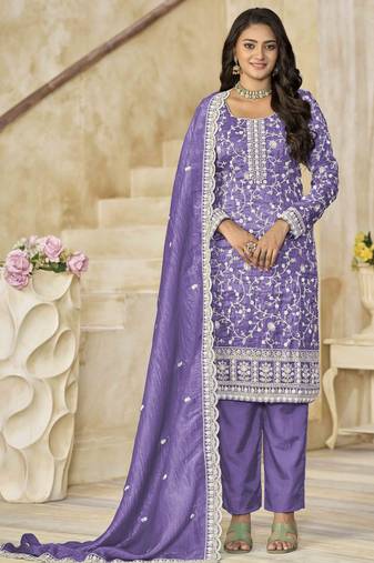 Lavender organza crush heavy thread embroidery with sequins work salwar kameez