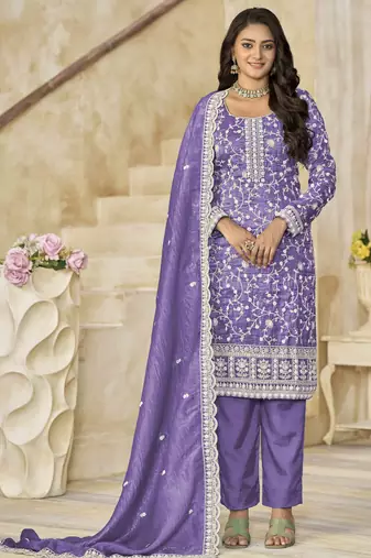 Lavender organza crush heavy thread embroidery with sequins work salwar kameez