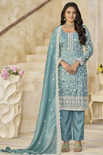 Light teal organza crush heavy thread embroidery with sequins work salwar kameez