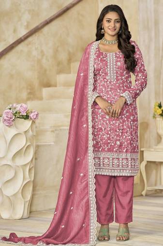 Pink organza crush heavy thread embroidery with sequins work salwar kameez