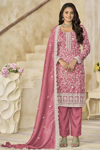 Pink organza crush heavy thread embroidery with sequins work salwar kameez