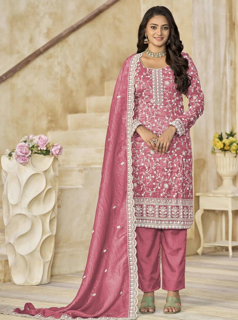 Pink organza crush heavy thread embroidery with sequins work salwar kameez
