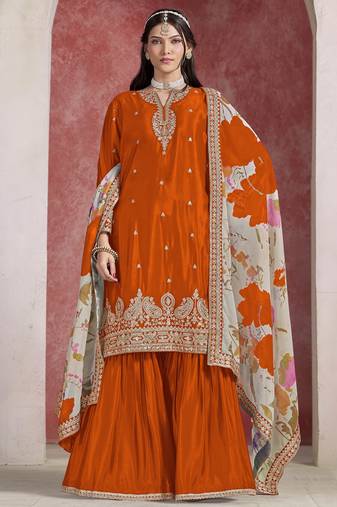 Orange chinon silk heavy thread embroidery, sequins work with printed dupatta top sharara with dupatta