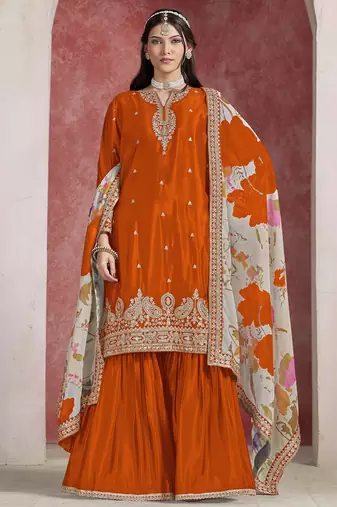 Orange chinon silk heavy thread embroidery, sequins work with printed dupatta top sharara with dupatta