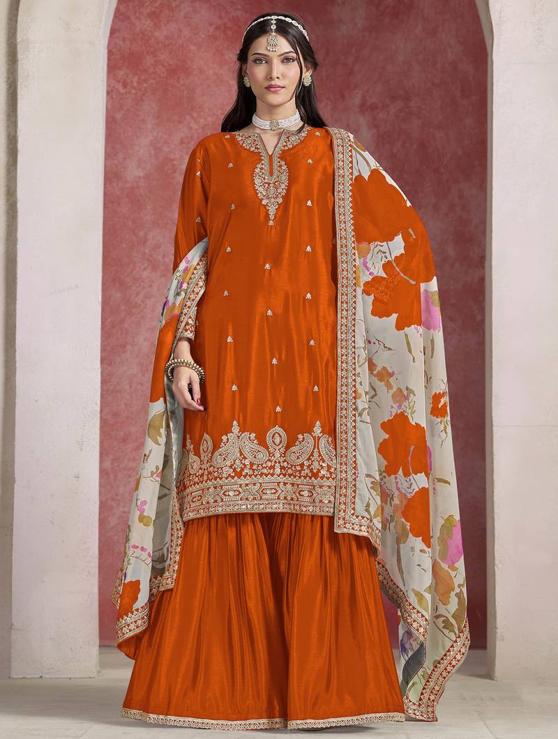 Orange chinon silk heavy thread embroidery, sequins work with printed dupatta top sharara with dupatta