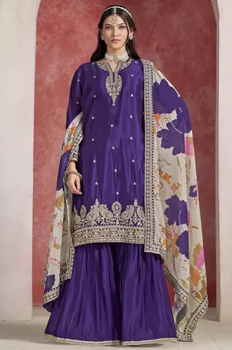 Dark violet chinon silk heavy thread embroidery, sequins work with printed dupatta top sharara with dupatta