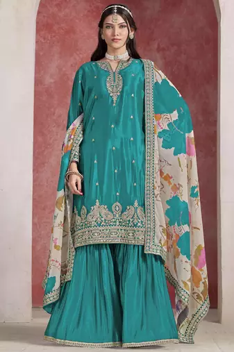Teal chinon silk heavy thread embroidery, sequins work with printed dupatta top sharara with dupatta