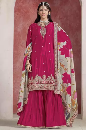 Rani pink chinon silk heavy thread embroidery, sequins work with printed dupatta top sharara with dupatta