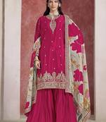 Rani pink chinon silk heavy thread embroidery, sequins work with printed dupatta top sharara with dupatta