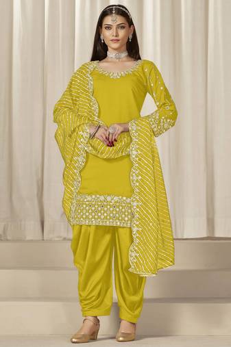 Mustard roman silk heavy thread embroidery, sequins with mirror work salwar kameez
