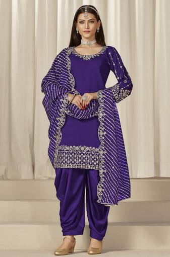 Violet roman silk heavy thread embroidery, sequins with mirror work salwar kameez