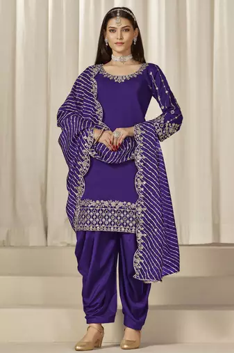 Violet roman silk heavy thread embroidery, sequins with mirror work salwar kameez