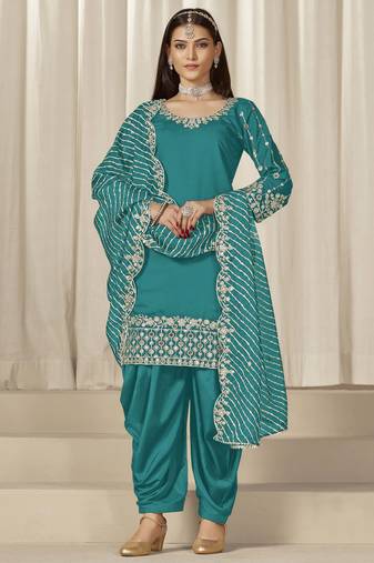 Teal roman silk heavy thread embroidery, sequins with mirror work salwar kameez